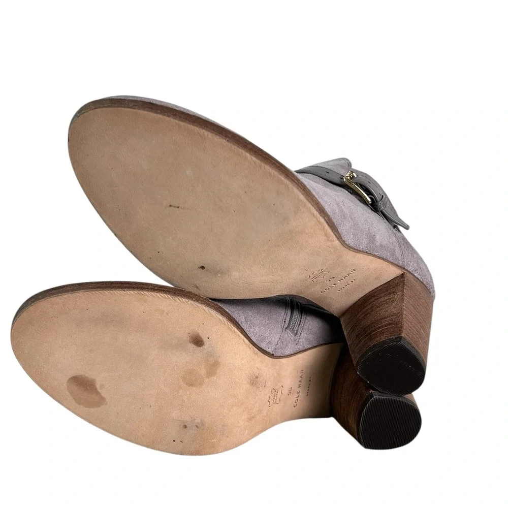 Cole Haan Boots Women’s 9 B Heels Ankle Booties Buckle Strap Gray Suede‎